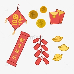 红色福字金币红包横幅鞭炮金元宝元素