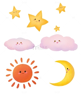 黄色扁平噪点风星星云朵太阳月亮天空元素