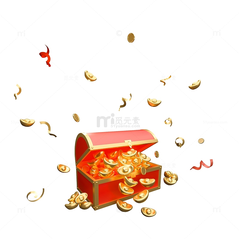 红色3D立体元旦新年元宝箱金币元素图