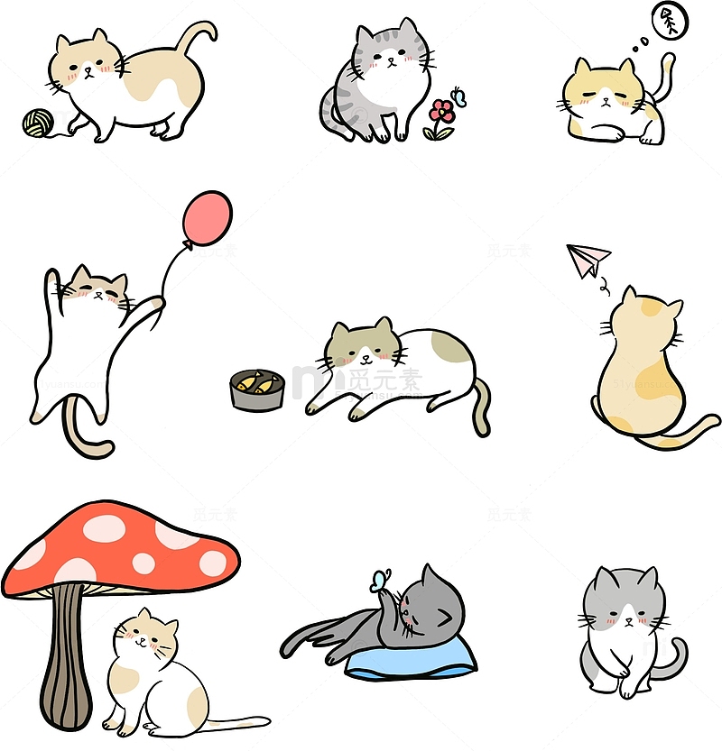 彩色简约可爱猫咪玩耍系列手绘图