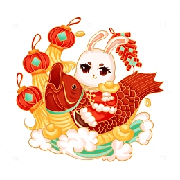 红色卡通元旦灯笼烟花爆竹鱼浪花免扣元素