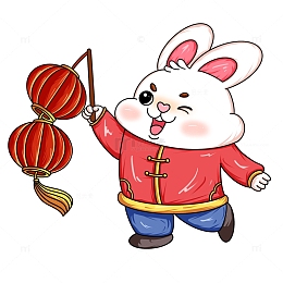 穿红棉衣的打灯笼的兔子元旦新年手绘图