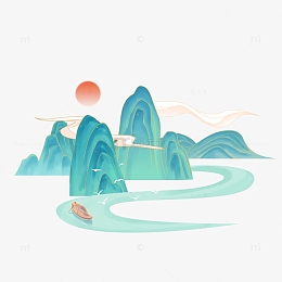 青绿国潮山水手绘图