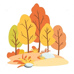 黄色秋天树林草地石头