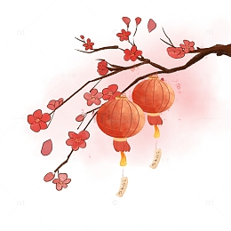 红色古风红梅灯笼元旦手绘元素
