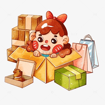 双十一收快递的小女孩水彩卡通手绘图