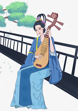 蓝色国风琵琶歌女手绘插画图
