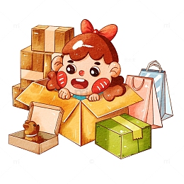 双十一收快递的小女孩水彩卡通手绘图