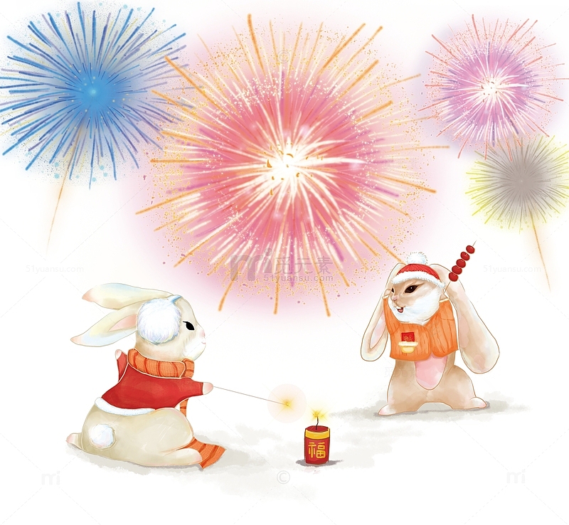 新年元旦氛围节气节日手绘烟花兔子