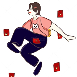 粉色上衣蓝裤子飞奔女孩装饰手绘图