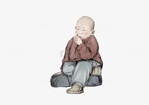 红灰色水墨手绘国潮农村小孩素材