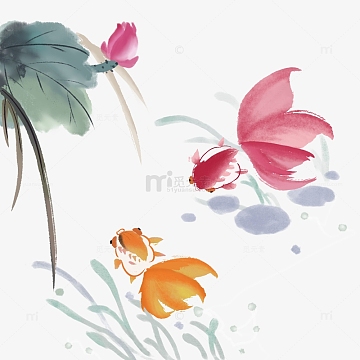 红色水墨古风金鱼荷叶