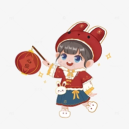 手绘手提灯笼的小女孩元旦节