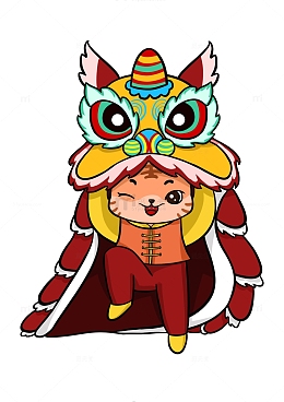 红色国潮风舞狮醒狮送福手绘图