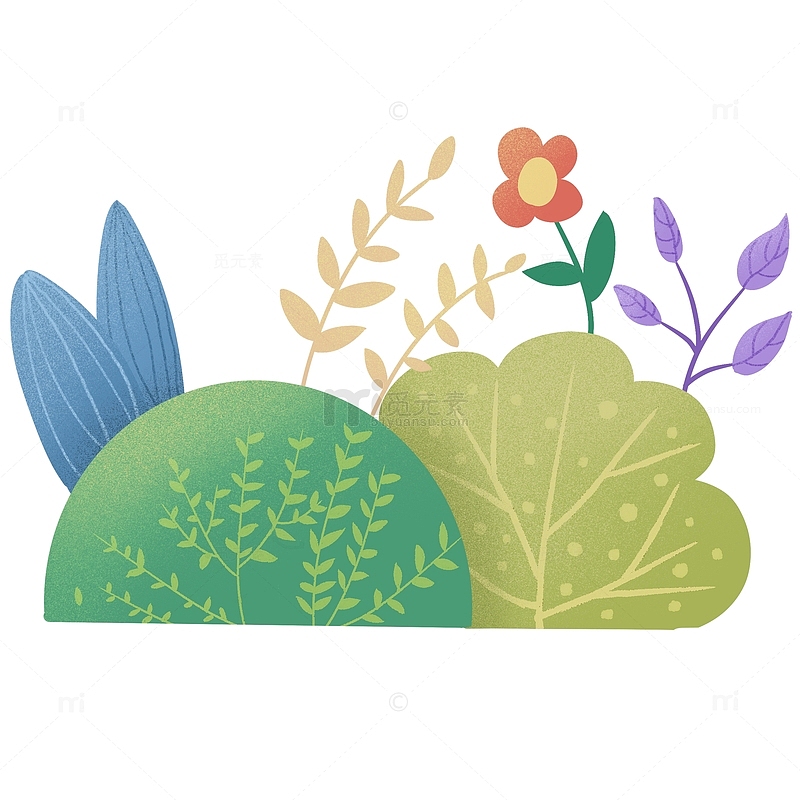 蓝绿色草丛植物叶子花朵手绘噪点插画