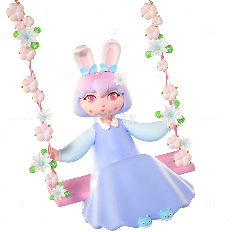 兔年生肖荡秋千的兔女郎卡通3D元素