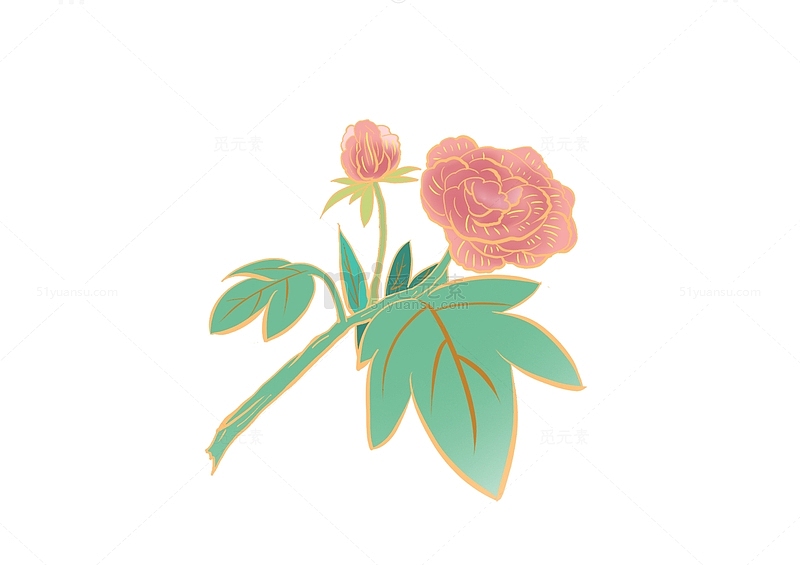 粉色钩金国潮手绘芙蓉花花卉植物素材