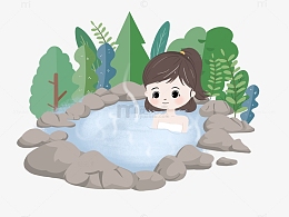 冬季立冬卡通小女孩泡温泉小场景插画元素