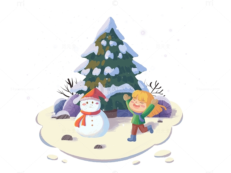 小雪人物雪人松树创意组合小场景插画元素