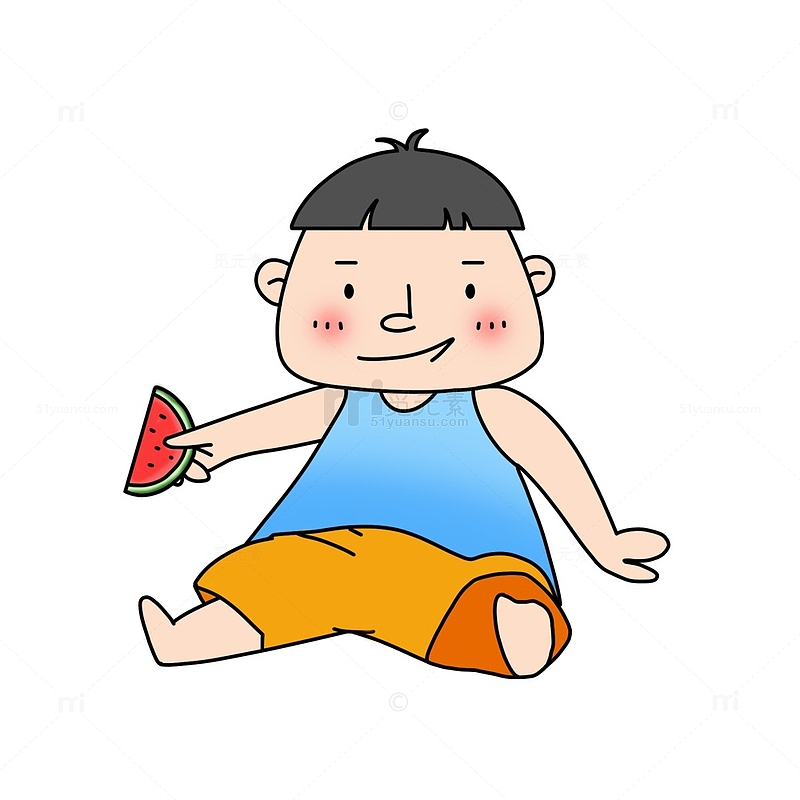 撞色卡通吃西瓜的小男孩手绘图