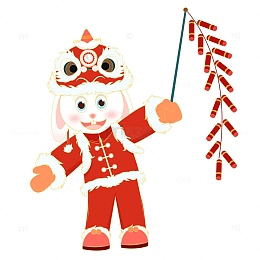 红色喜庆春节兔子拿鞭炮兔年生肖手绘矢量图