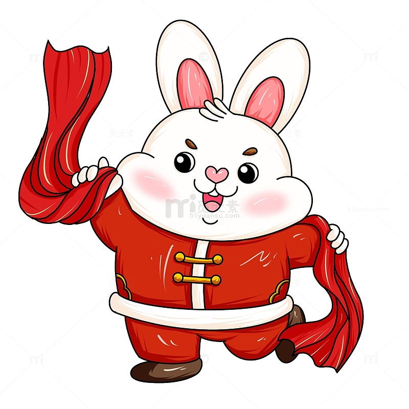 红衣红丝绸扭秧歌的新年兔子兔年生肖