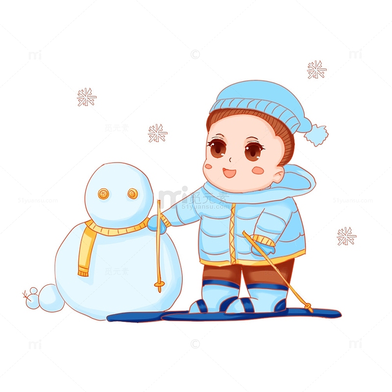 立冬下雪雪人滑雪小男孩雪花冬季元素