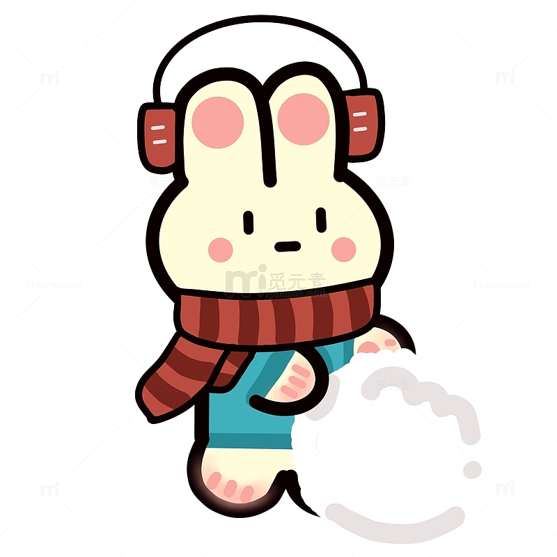 手绘可爱元素立冬冬天的小兔推雪球堆雪人