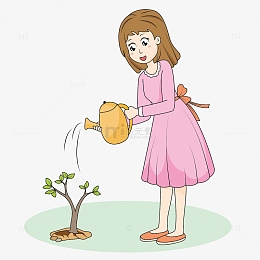 粉色卡通爱护植物的小女孩手绘插画