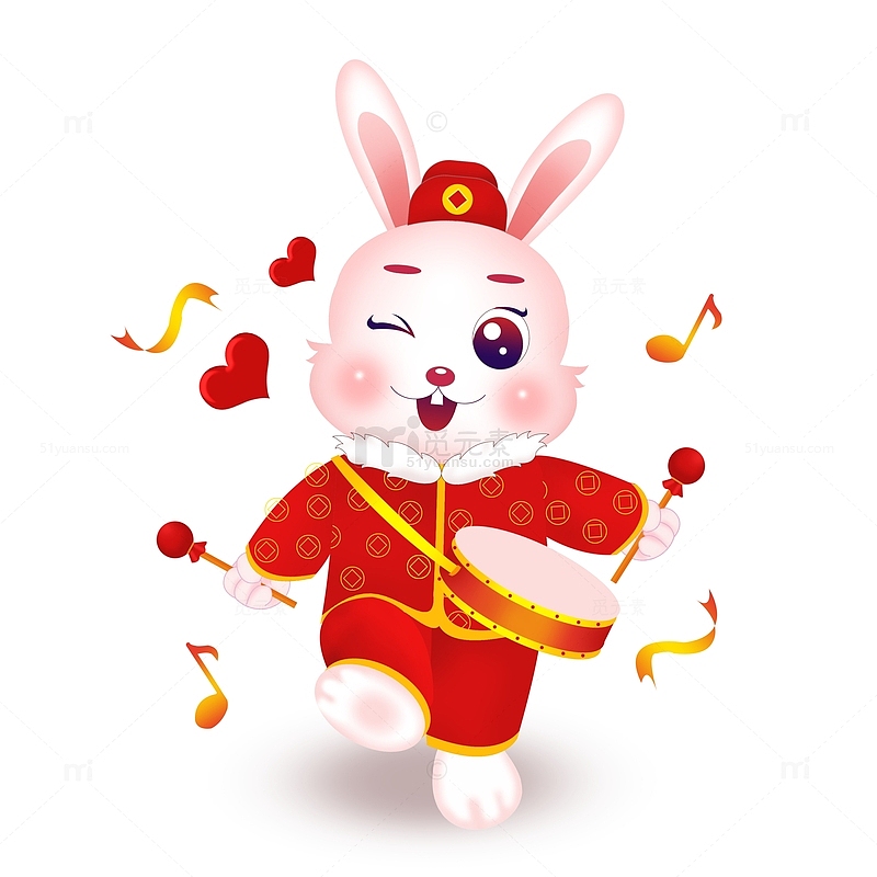 红色手绘兔年生肖打鼓的小兔子