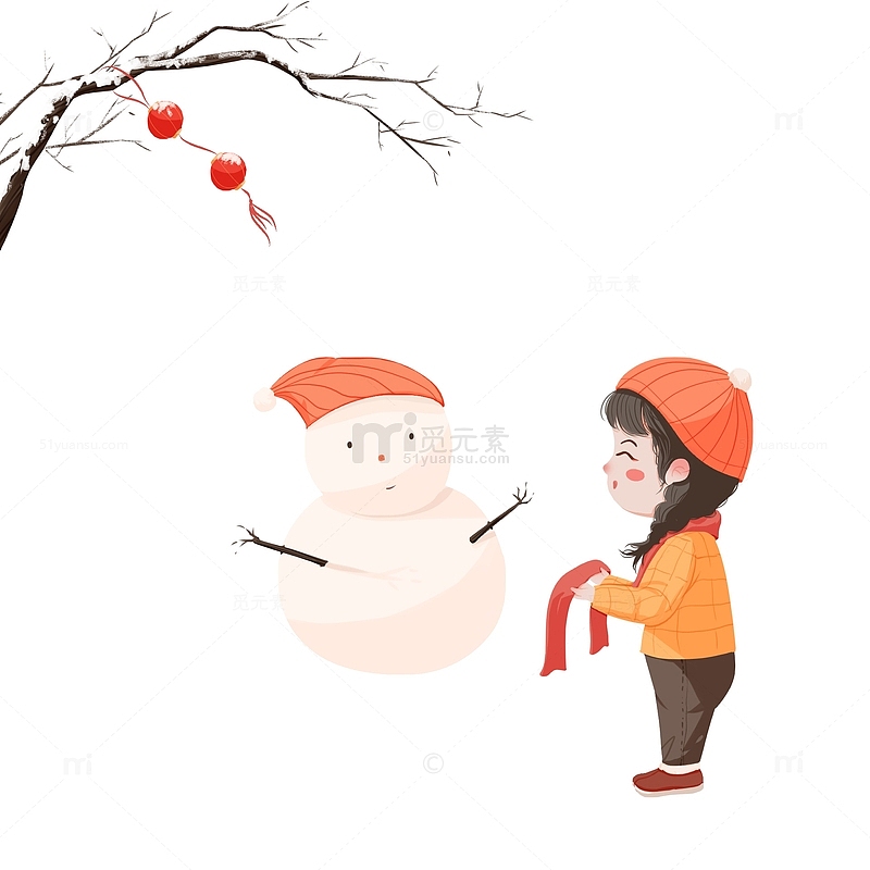 橙红色扁平风女孩堆雪人图