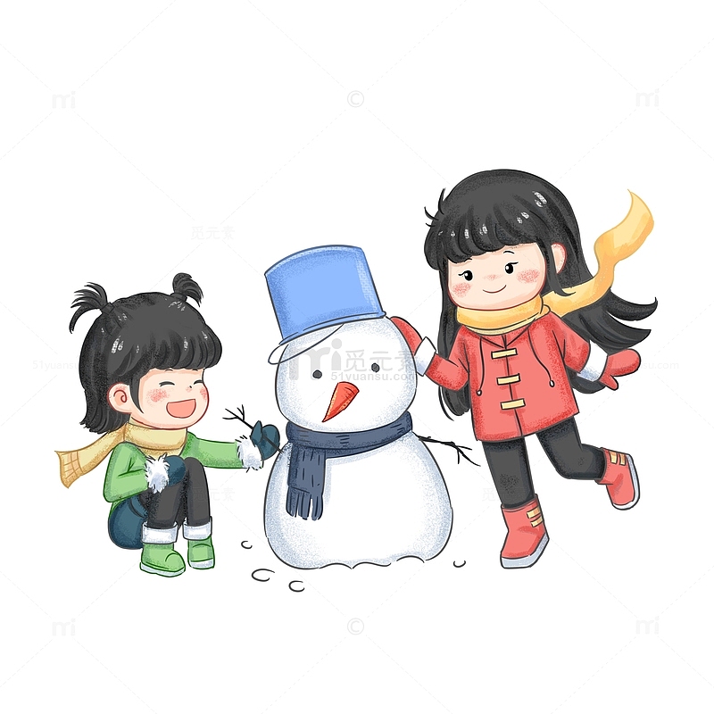 冬天堆雪人女孩手绘卡通人物素材
