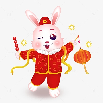 红色手绘兔年生肖提灯笼的小兔子