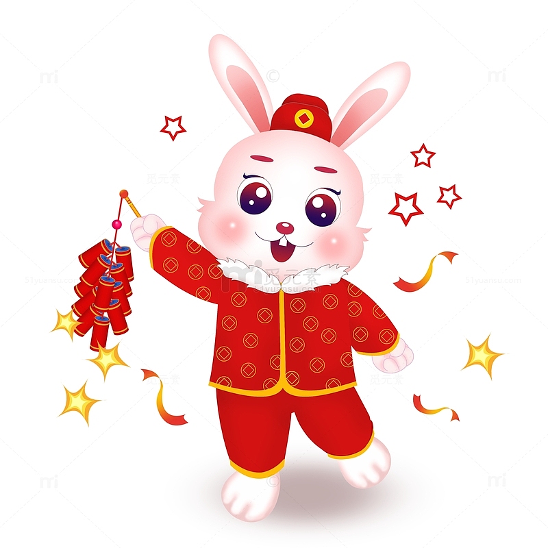 红色手绘兔年生肖放鞭炮的小兔子