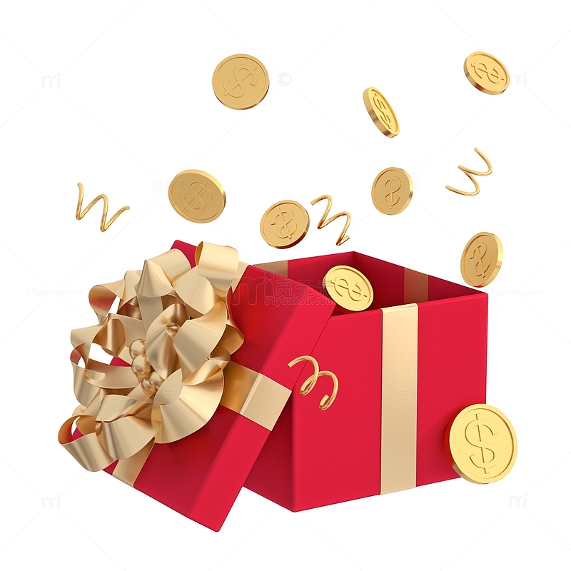 红金3D立体礼盒金币促销喜庆礼盒装饰元素