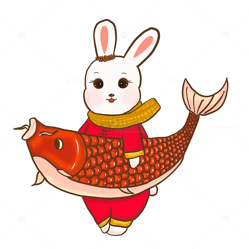 红色喜庆兔年可爱兔子带围巾鲤鱼手绘