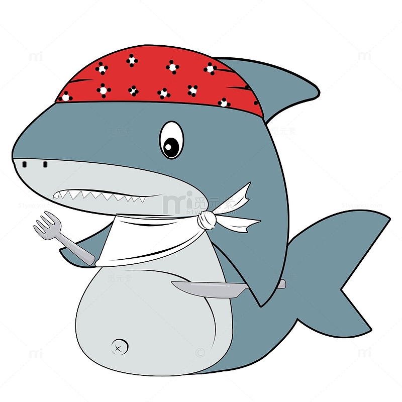 小鲨鱼，吃东西，餐叉，餐刀，头巾