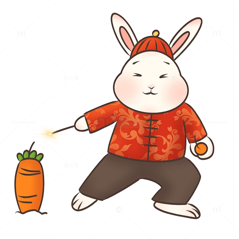 红色卡通萌兔放鞭炮兔年生肖元素
