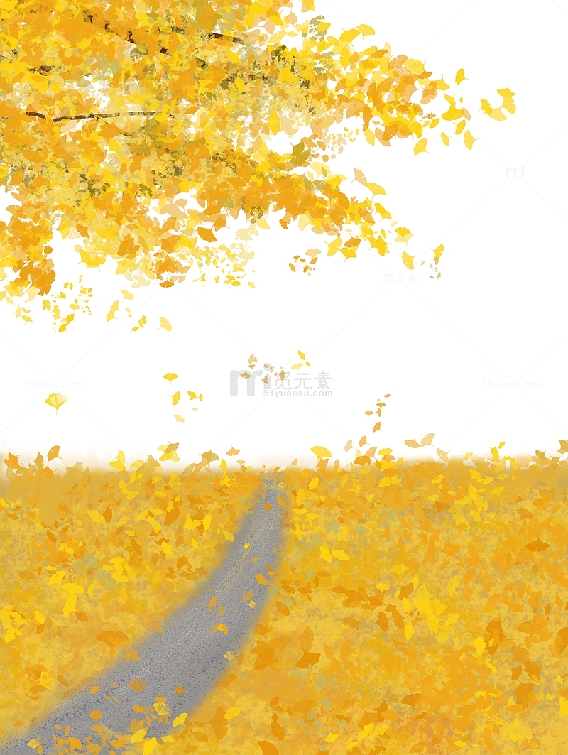 黄色银杏树小径银杏飘落立冬手绘图