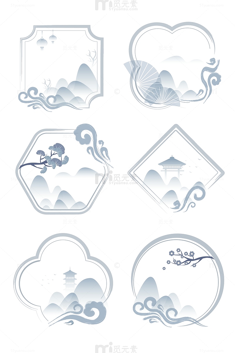 中国风传统典雅祥云山丘花纹装饰边框