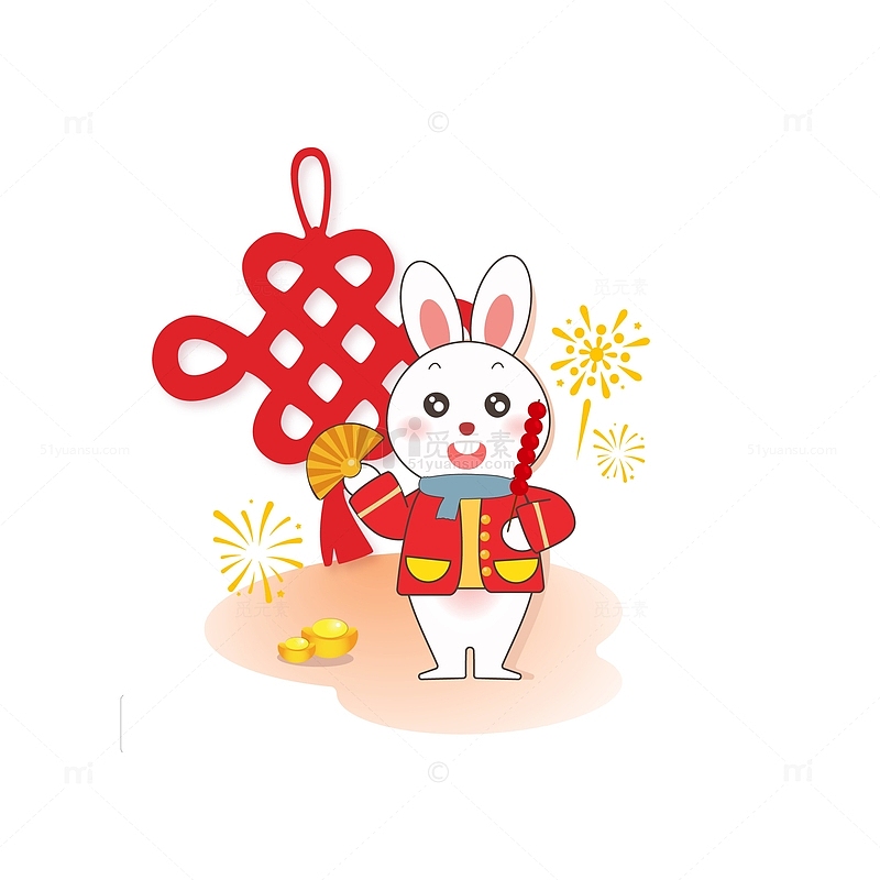红色兔年新年中国结生肖元宝烟花手绘元素