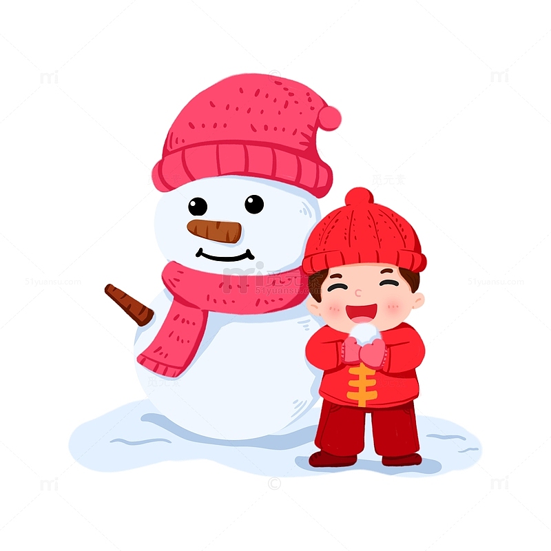 男孩立冬节气在雪地上与雪人开心互动元素