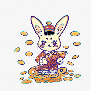 喜庆招财兔子抱着鲤鱼素材