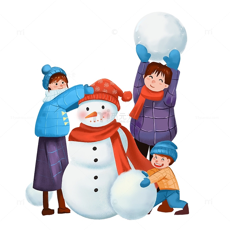 蓝色一家人立冬下雪堆雪人手绘图