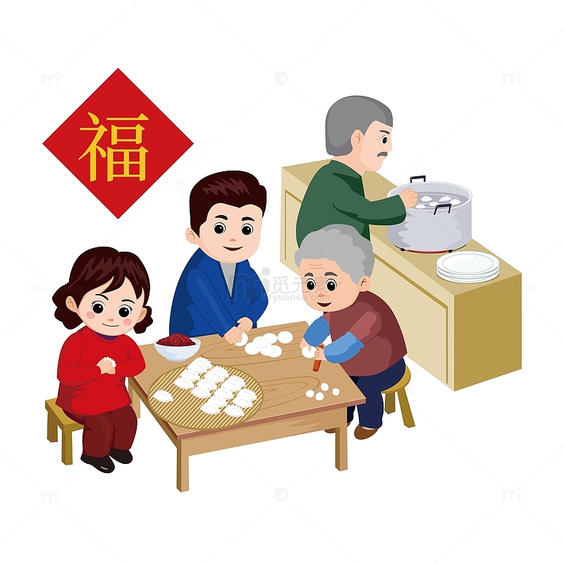 春节包水饺手绘图