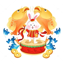 金色卡通年年有余生肖兔子手绘图