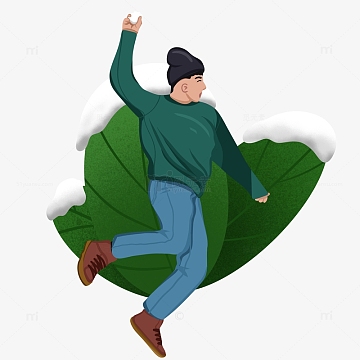 绿色手绘插画打雪仗立冬冬天玩雪人物