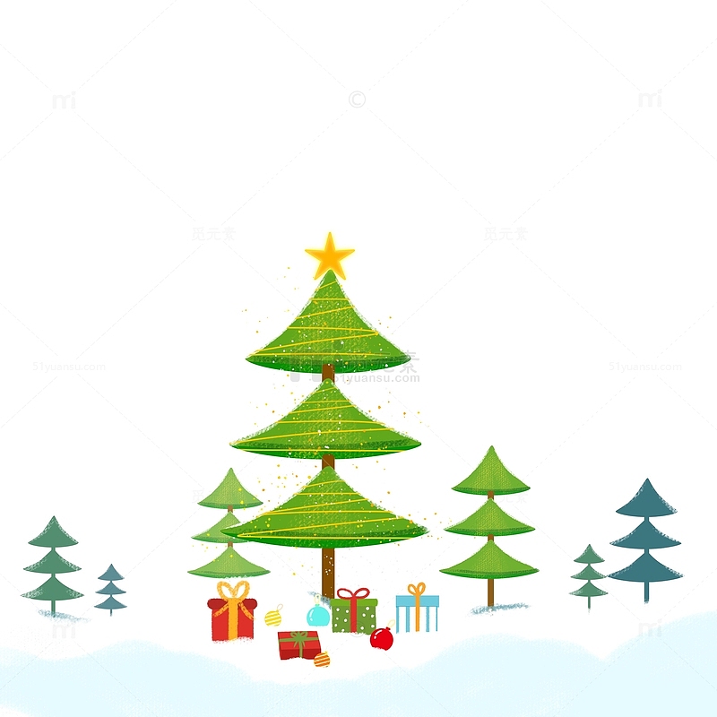 绿色圣诞树礼物盒雪景装饰元素圣诞节手绘