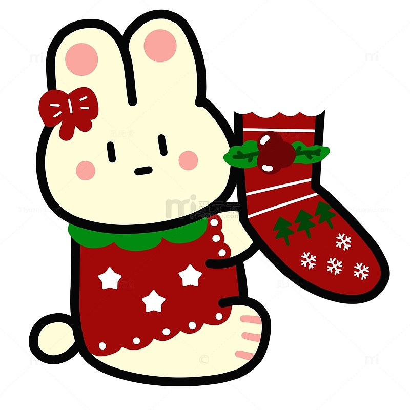 圣诞节红绿色手绘元素小兔子圣诞袜