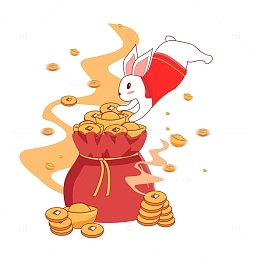 兔年新年钱袋红包财源滚滚兔手绘插画